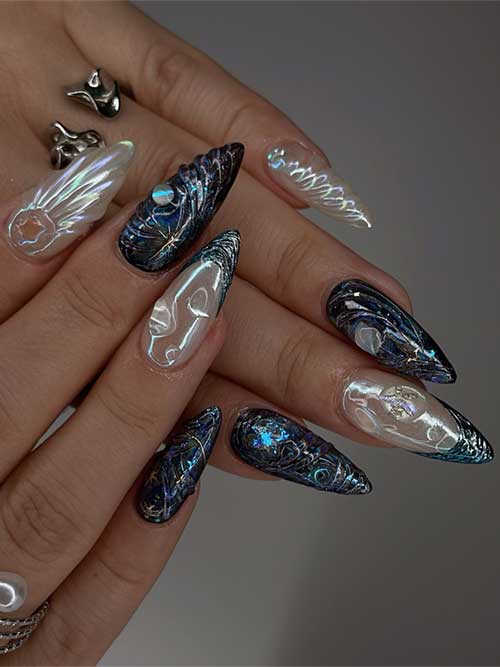 Iridescent seashell-inspired stiletto nails in blues and greens, adorned with 3D textures and gems, capturing ocean beauty. Iridescent seashell-inspired stiletto nails in blues and greens, adorned with 3D textures and gems, capturing ocean beauty.