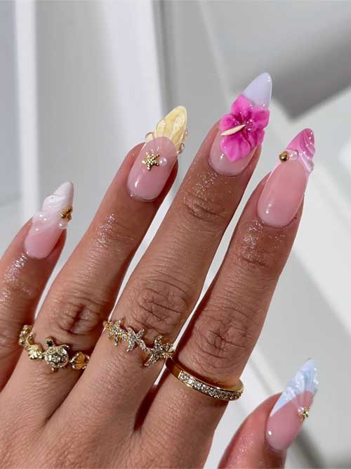 Seashell-inspired nails with 3D designs, pink flowers, and gold accents on a soft pink base, perfect for summer occasions. Seashell-inspired nails with 3D designs, pink flowers, and gold accents on a soft pink base, perfect for summer occasions.