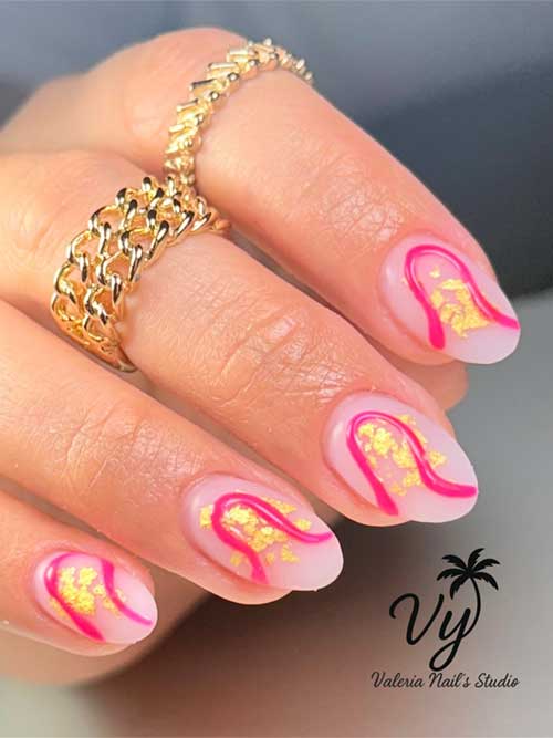 Soft pink swirl nails with intricate designs and gold leaf accents create a luxurious, floral-inspired look for your fingertips. Soft pink swirl nails with intricate designs and gold leaf accents create a luxurious, floral-inspired look for your fingertips.