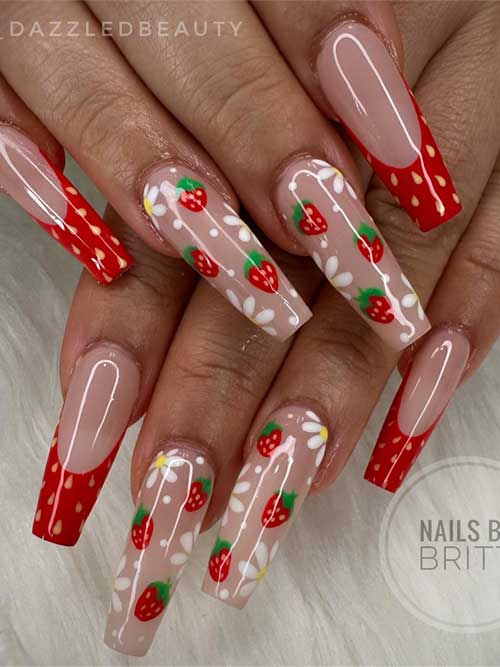 Strawberry nail design with red French tips, pastel green and pink accents, featuring white flowers and green leaves. Strawberry nail design with red French tips, pastel green and pink accents, featuring white flowers and green leaves.