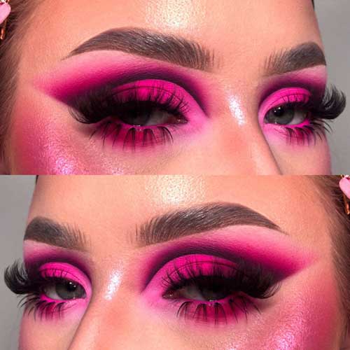 Vibrant pink eyeshadow with a winged effect, complemented by dramatic lashes and a dewy glow for a striking makeup statement. Vibrant pink eyeshadow with a winged effect, complemented by dramatic lashes and a dewy glow for a striking makeup statement.