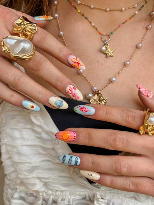 Vibrant seashell nails adorned with playful lobsters, flowers, and suns, capturing the essence of a cheerful summer beach. Vibrant seashell nails adorned with playful lobsters, flowers, and suns, capturing the essence of a cheerful summer beach.