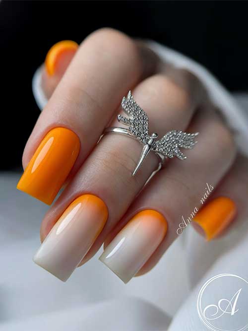 Dreamy sunset-inspired orange nails with ombre accents, featuring a bold orange and a gradient from white to warm orange tips. Dreamy sunset-inspired orange nails with ombre accents, featuring a bold orange and a gradient from white to warm orange tips.
