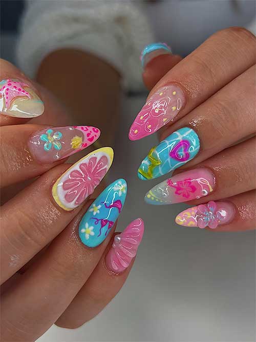 Funky nails featuring pink starfish, citrus slices, hearts, and sunflowers, perfect for summer days and beach parties.