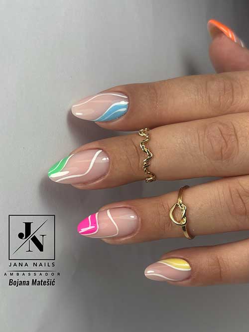 Multicolor swirl nails with a nude base showcase bright hues of green, blue, pink, yellow, and orange, accented with white lines. Multicolor swirl nails with a nude base showcase bright hues of green, blue, pink, yellow, and orange, accented with white lines.