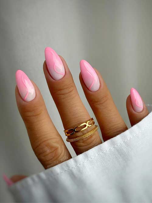 Short pink nails with enchanting swirls and an ombre effect, creating a whimsical and elegant design for a magical look. Short pink nails with enchanting swirls and an ombre effect, creating a whimsical and elegant design for a magical look.
