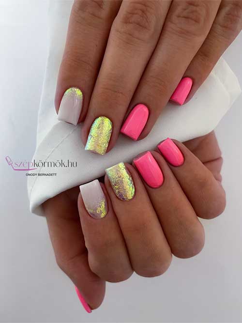 Short pink nails with glitter accents and milky white details, blending playful whimsy with elegant sophistication. Short pink nails with glitter accents and milky white details, blending playful whimsy with elegant sophistication.