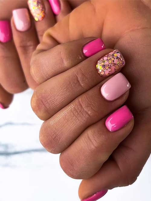 Vibrant pink nail design with a blend of hot pinks, pastels, and glitter, perfect for a chic and fun nail party. Vibrant pink nail design with a blend of hot pinks, pastels, and glitter, perfect for a chic and fun nail party.