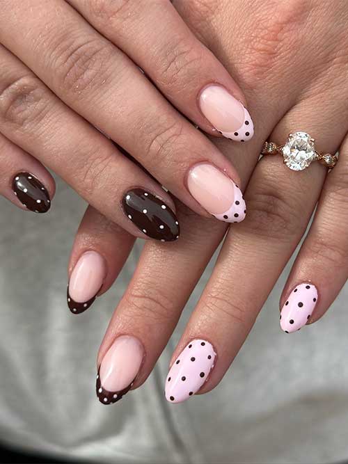 Chic French manicure with nude backgrounds, polka dot tips in pink or chocolate, and vibrant accent nails for a stylish look. Chic French manicure with nude backgrounds, polka dot tips in pink or chocolate, and vibrant accent nails for a stylish look.