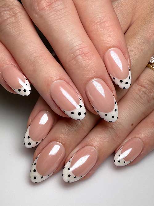 Stylish French manicure with a shiny chrome base and white dotted tips, perfect for weddings or when you want to shine. Stylish French manicure with a shiny chrome base and white dotted tips, perfect for weddings or when you want to shine.