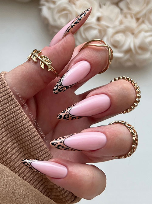 Almond-shaped French summer nails featuring a soft blush base, animal print tips for a sophisticated look.