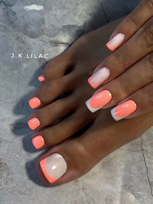 Brighten your summer with a white and peach manicure, showcasing square nails with peach tips and matching peach toenails.