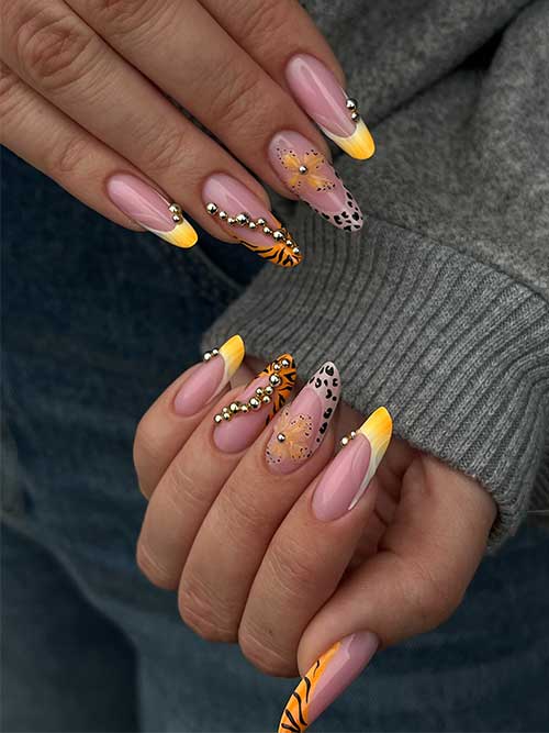 Elegant almond-shaped French summer nails with a pink base, playful yellow tips, animal prints, and floral designs.