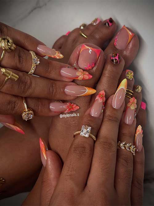 Luxurious manicure and pedicure set with nude-pink ombre, 3D flowers, rhinestones, and animal print accents.