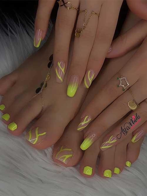 Neon yellow manicure and pedicure set with abstract swirls, perfect for summer festivals and making a bold fashion statement.