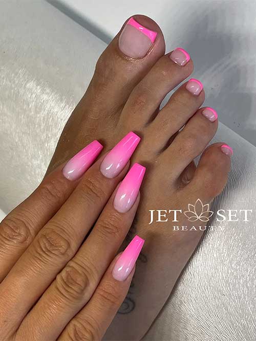 Ombre manicure and pedicure set featuring coffin-shaped nails in white to hot pink, plus nude base with pink French tips.