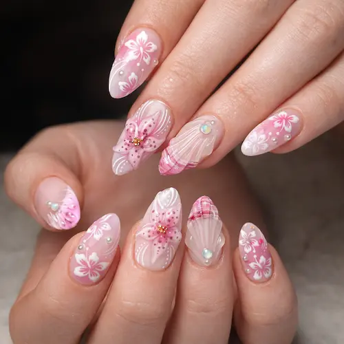 Set of 24 flower press on nails with medium almond shape, nude glossy finish, and Hawaiian hibiscus accents. Set of 24 flower press on nails with medium almond shape, nude glossy finish, and Hawaiian hibiscus accents.
