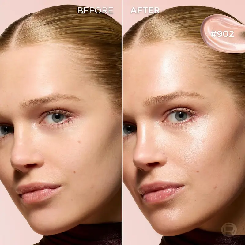 Side-by-side comparison of skin before and after applying L'Oreal Paris Lumi Glotion, showcasing a radiant, sun-kissed look.