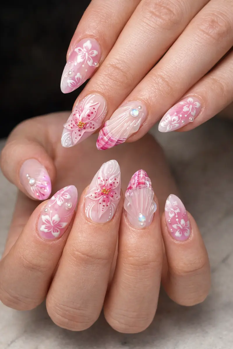Transform your fingertips into a blooming garden with this 3D floral nail design. Perfect for those who love a mix of romantic aesthetic and couture craftsmanship, these almond-shaped nails feature a delicate blend of pink and white hand-painted petals. This look combines the ethereal beauty of translucent ombré tips with the luxury of rhinestones and pearl accents. Whether you're looking for wedding nail inspiration, a sophisticated prom look, or simply want to embrace springtime elegance, these high-gloss, 3D blossom nails are the ultimate statement in feminine nail artistry. Transform your fingertips into a blooming garden with this 3D floral nail design. Perfect for those who love a mix of romantic aesthetic and couture craftsmanship, these almond-shaped nails feature a delicate blend of pink and white hand-painted petals. This look combines the ethereal beauty of translucent ombré tips with the luxury of rhinestones and pearl accents. Whether you're looking for wedding nail inspiration, a sophisticated prom look, or simply want to embrace springtime elegance, these high-gloss, 3D blossom nails are the ultimate statement in feminine nail artistry.