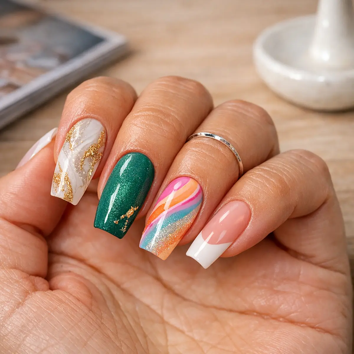 An elegant display of coffin nail designs featuring unique styles on each finger white and gold marble, matte emerald green with gold accents, glittery dusty teal, a vibrant multicolored summer swirl, and a modern French tip