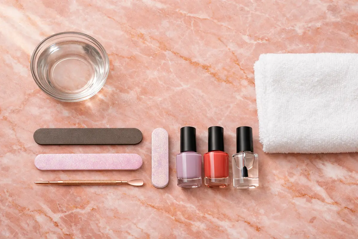 Flat-lay of DIY manicure essentials including nail file, buffer, cuticle pusher, nail polish bottles, and top coat arranged on a white marble surface