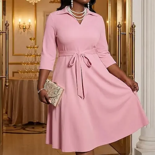 FANDEE Plus Size Midi Dress for Women, featuring a V-neck, 34 sleeves, and a vibrant print, perfect for summer weddings and parties.