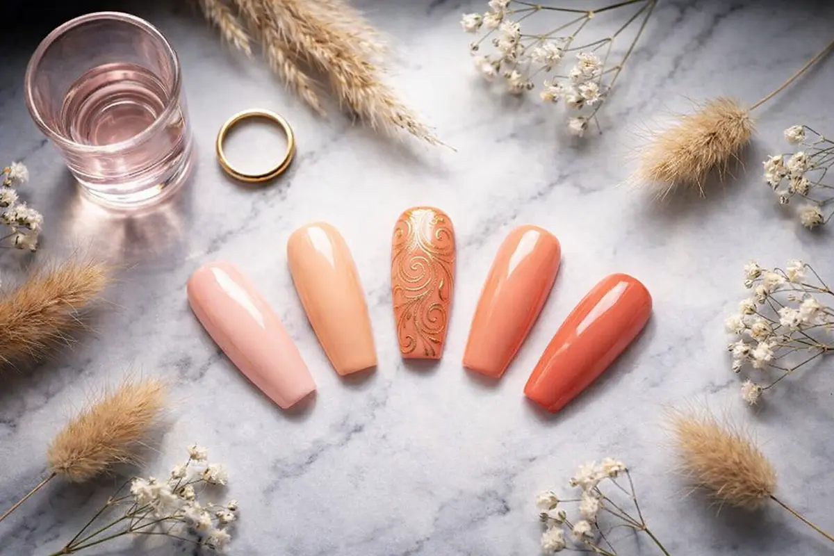 Five coffin-shaped nails displaying a range of peach nail shade