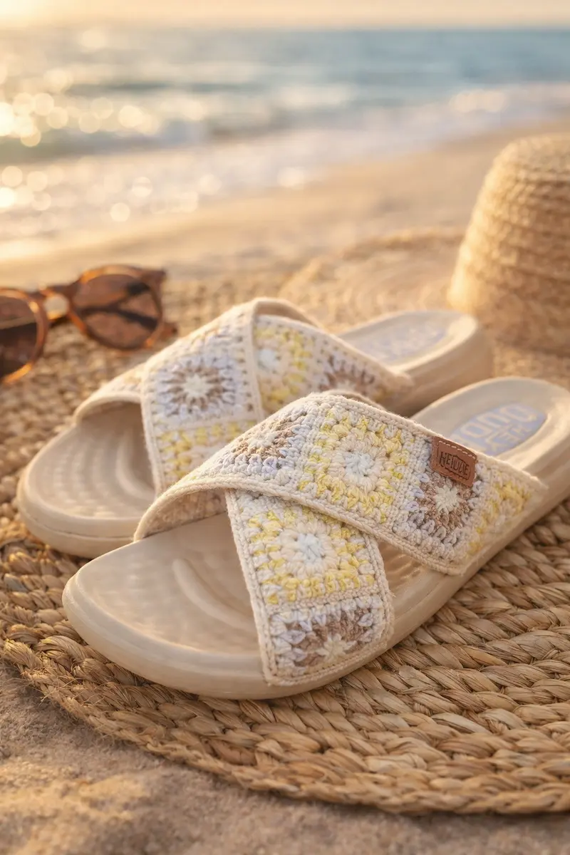 HEYDUDE women's Christi Slide in Cottage Crochet showcases a lightweight, breathable design ideal for warm weather.