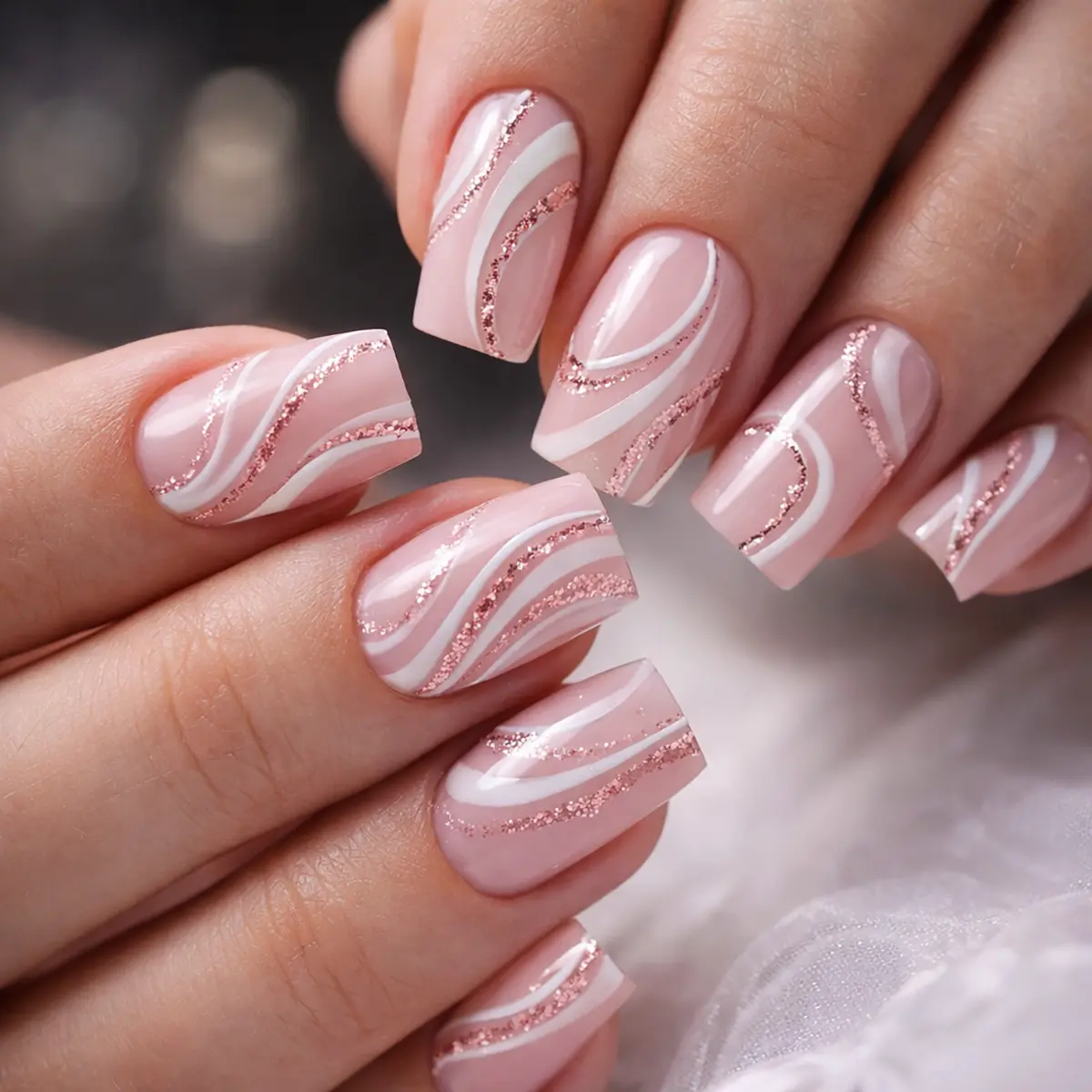 High-gloss square swirl nails with blush-pink gradient, white waves, and rose-gold glitter accents.