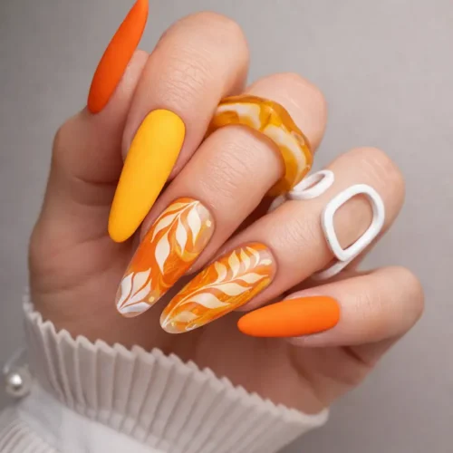 Light and Dark Neon Nails with White Leaf Nail Art