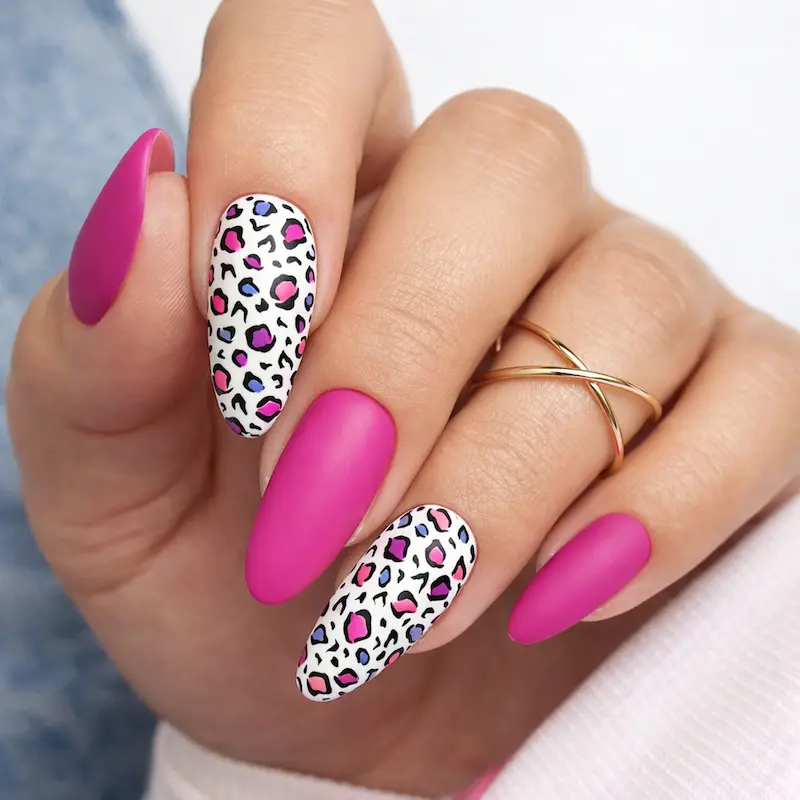 Long Almond Neon Pink Nails with Leopard Print Accent Nails