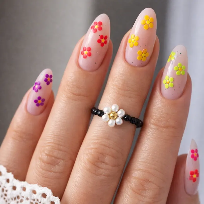 Long Almond Nude Pink Nails with Neon Multicolored Flowers are Gorgeous Vibrant Neon Nails