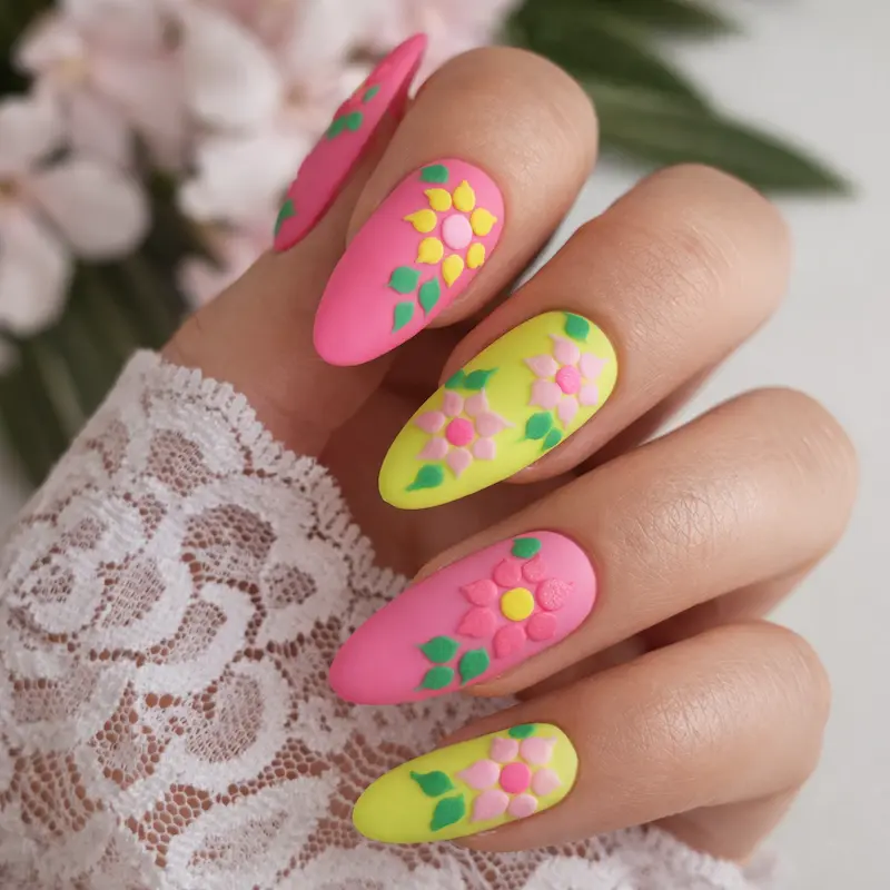 Long Almond Pink and Yellow Neon Nails with Prominent Flowers