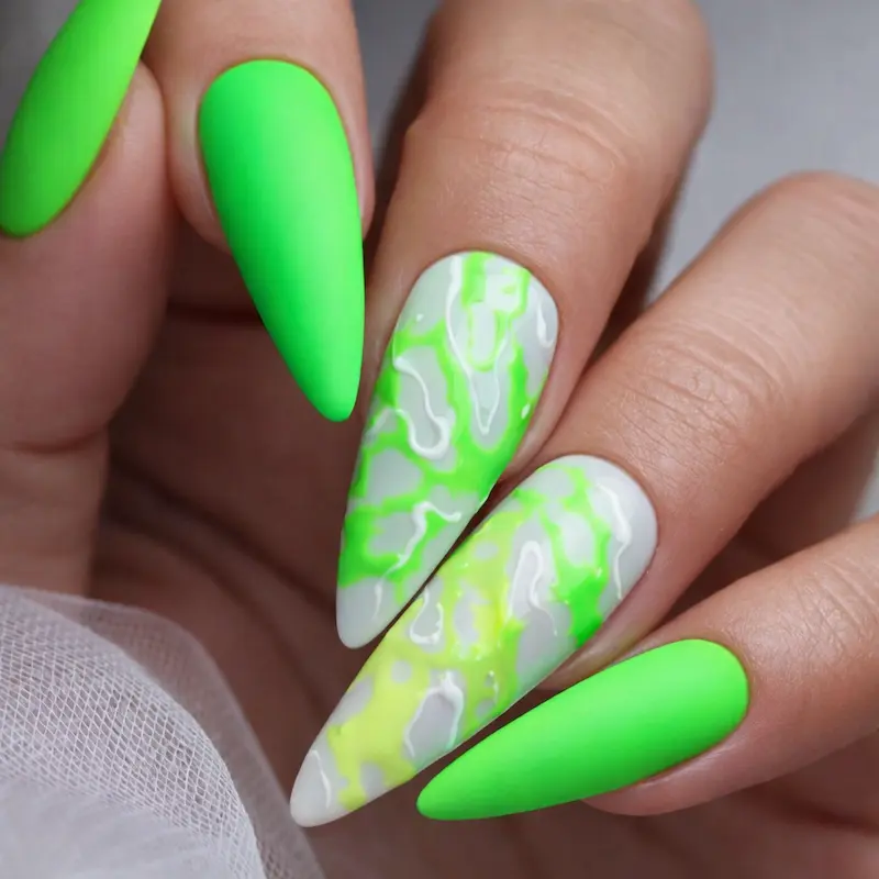 Long Almond-Shaped Neon Green Nails with Abstract Nail Art