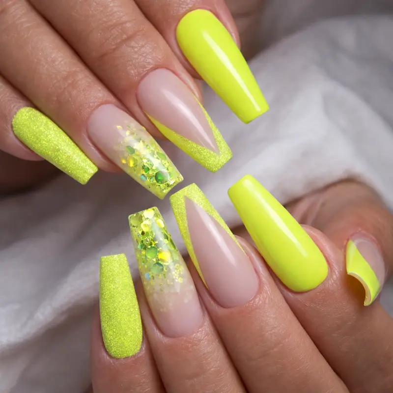 Long Coffin-Shaped Neon Yellow Nails with French and Glitter Accents