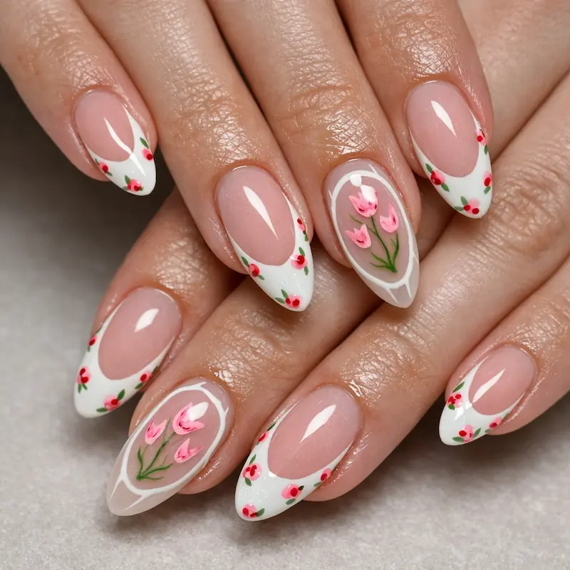 Floral French tip press on nails feature a pink base, white tips, and delicate tulips, showcased in detailed macro photography. Floral French tip press on nails feature a pink base, white tips, and delicate tulips, showcased in detailed macro photography.