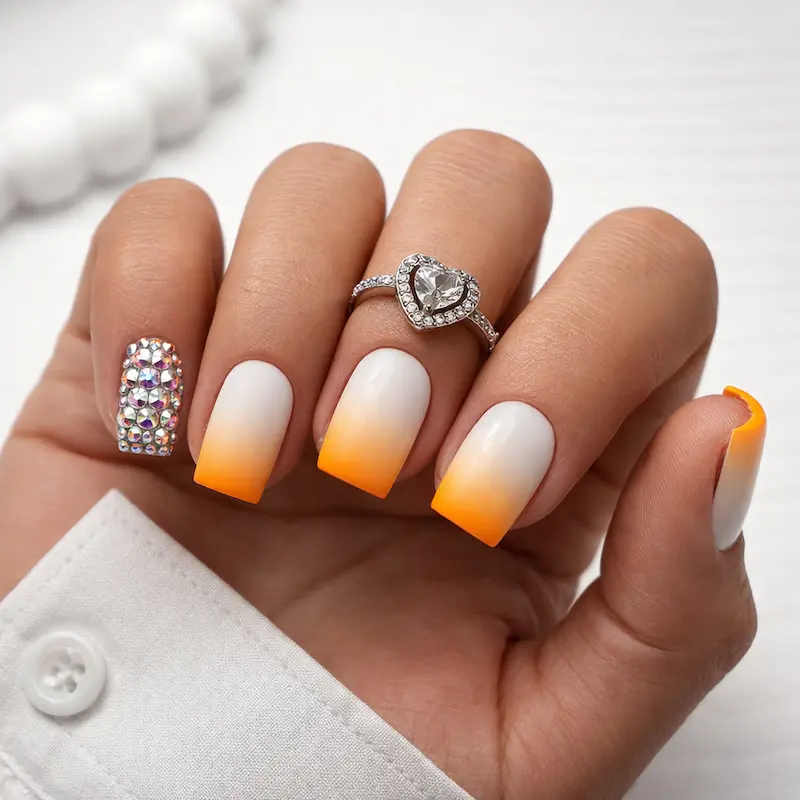 Matte Milky White to Neon Orange Ombre Nails