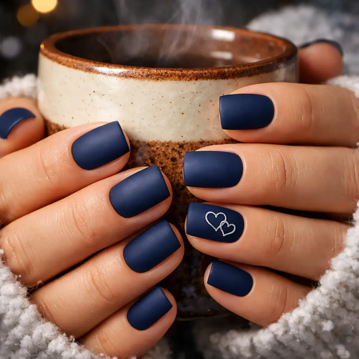 Matte navy blue Valentine’s Day nails with silver heart motifs and a short square shape, held in a cozy winter setting.