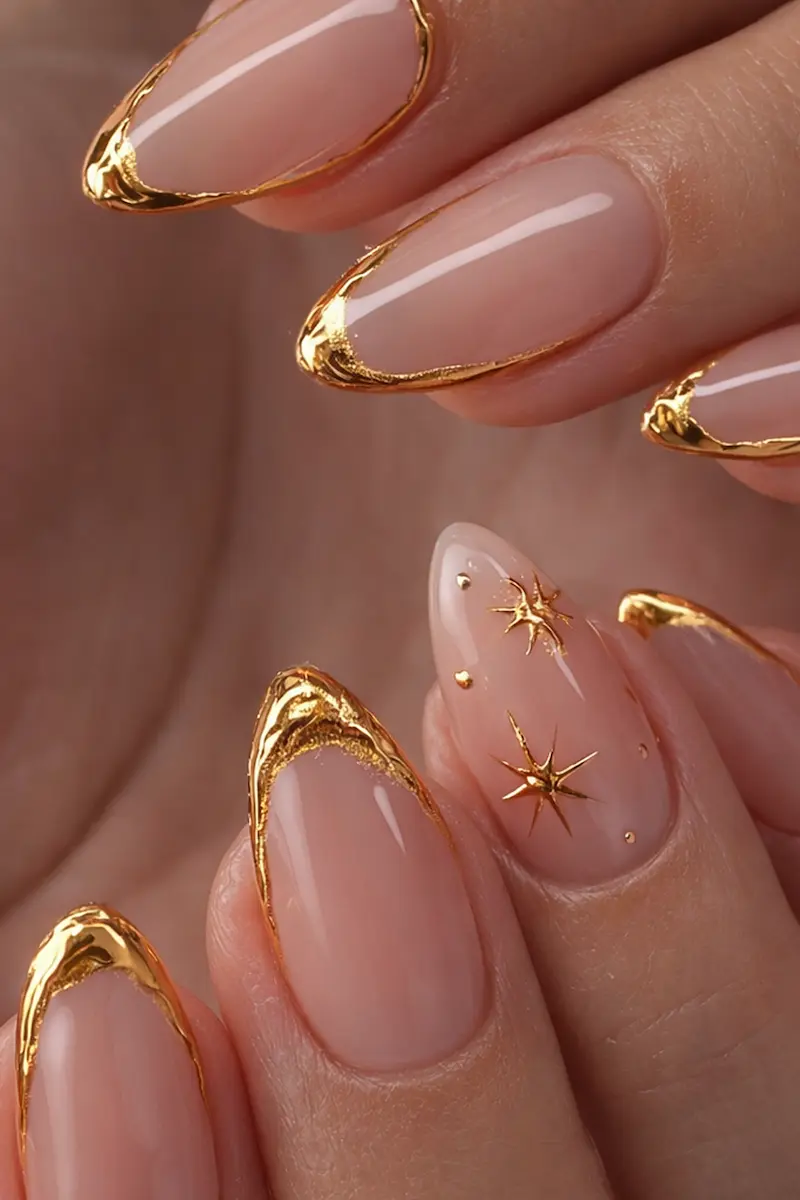 Press on Nails Almond Fake Nails with Gold Line Design Glue on Nails 