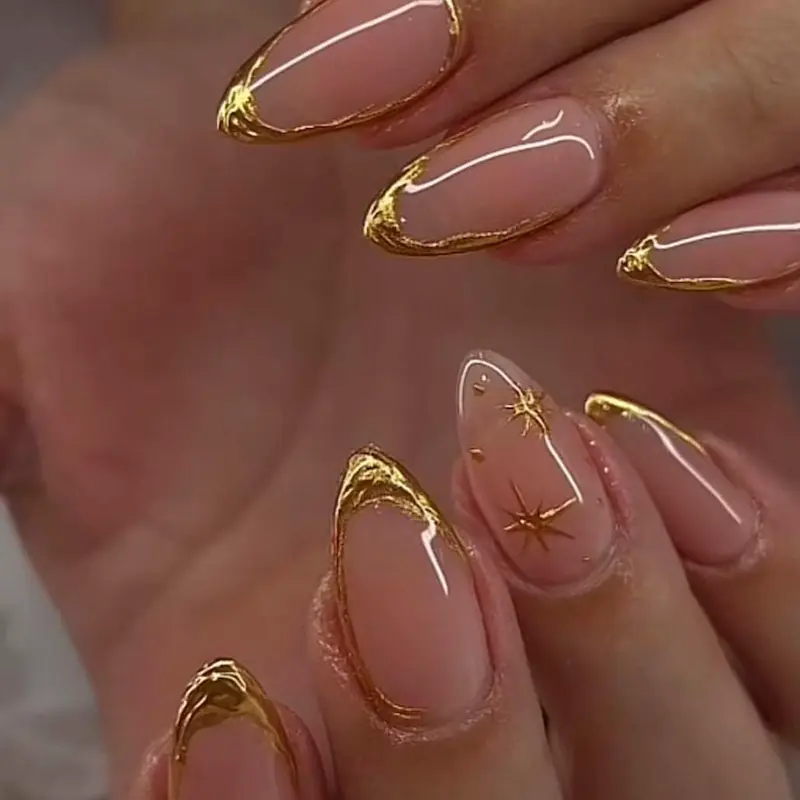 Press on Nails Almond Fake Nails with Gold Line Design Glue on Nails Acrylic Nails Glossy Full Cover Stick on Nails for Women 24Pcs