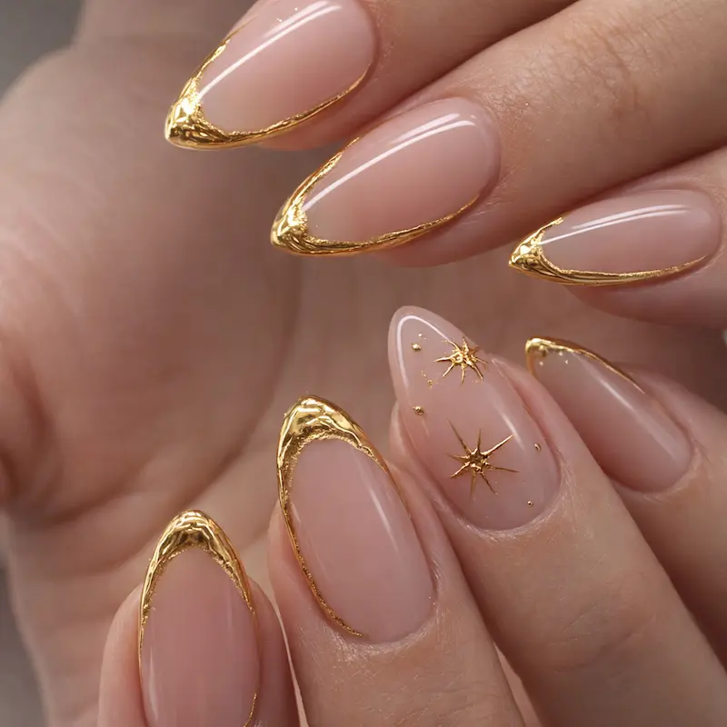 Press on Nails Almond Fake Nails with Gold Line Design Glue on Nails Acrylic Nails Glossy Full Cover Stick on Nails for Women 24Pcs