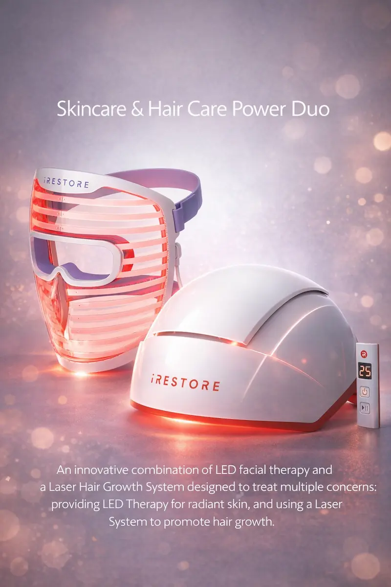 Revitalize your beauty routine with the iRestore Skincare & Hair Care Power Duo. This clinical-grade system uses Red Light LED Therapy for a radiant, youthful complexion and advanced Laser Technology to stimulate natural hair growth. The ultimate 2-in-1 home beauty device for thicker hair and glowing skin. Shop the iRestore LED mask and laser helmet bundle for professional results at home.