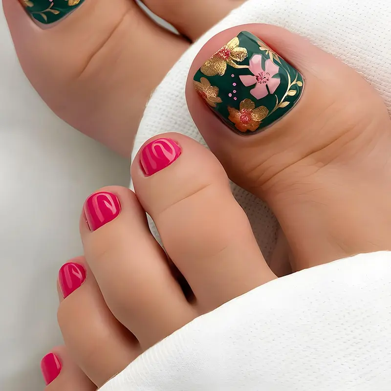 Set of 24 short square fake pink toenails featuring pink, gold glitter, and floral designs, perfect for summer coquette styles.