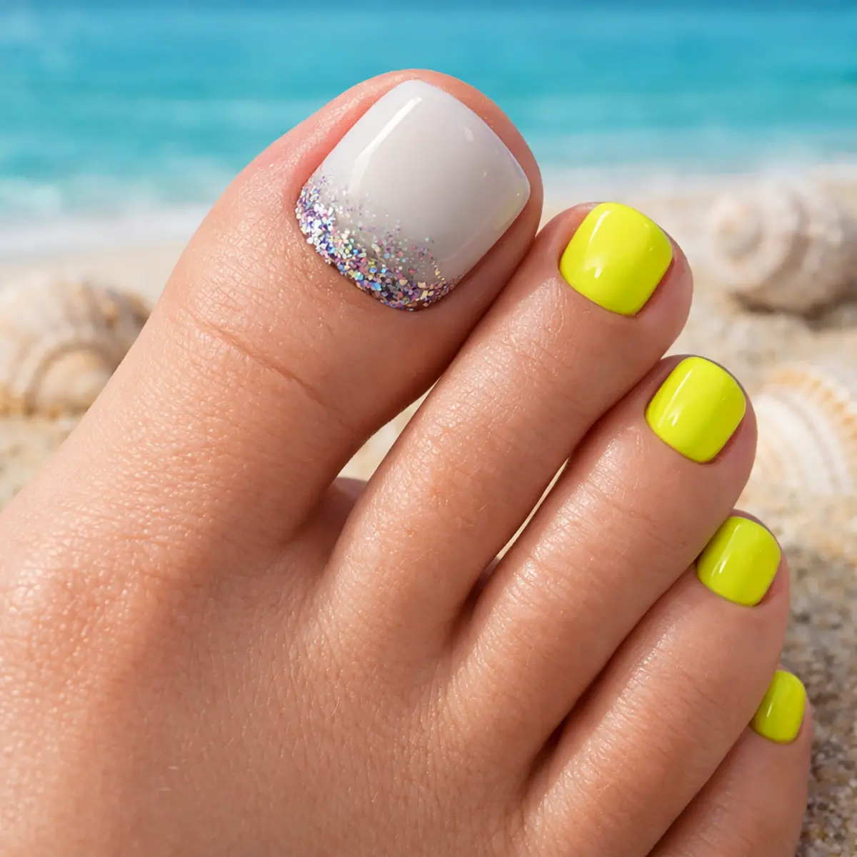 Square-shaped toenails featuring a soft milky white ombre big toe with iridescent glitter cuticle detail, paired with glossy neon yellow toenails for a bold summer pedicure look.