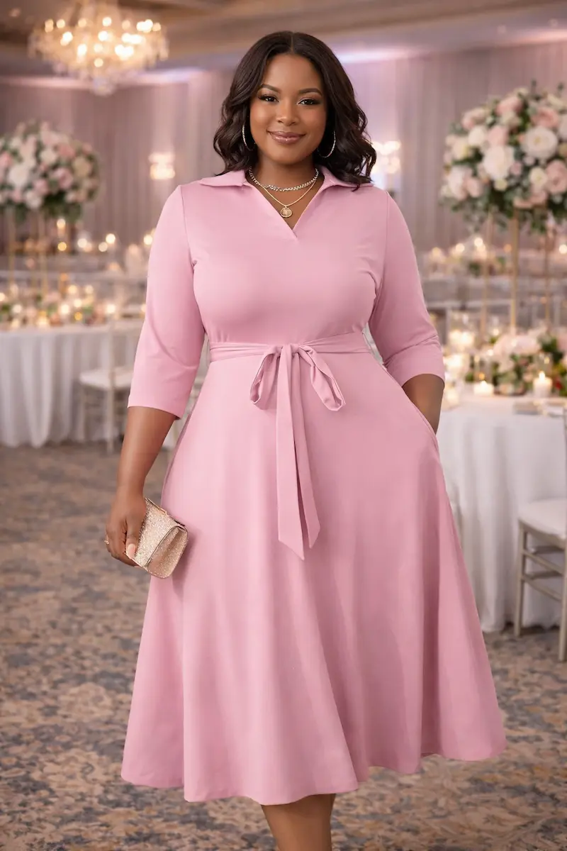 Looking for the perfect plus size summer dress? 🌸 Make a statement in this FANDEE Plus Size Midi Dress, designed to flatter your curves from size L to 5XL. Featuring a sophisticated V-neck and elegant 3/4 sleeves, this solid pink cocktail dress is the ultimate choice for a wedding guest outfit, garden party, or special evening event. The comfortable, flowy silhouette makes it one of the best curvy wedding guest dresses for the season. Pair it with heels and a clutch for a timeless, chic look! Looking for the perfect plus size summer dress? 🌸 Make a statement in this FANDEE Plus Size Midi Dress, designed to flatter your curves from size L to 5XL. Featuring a sophisticated V-neck and elegant 3/4 sleeves, this solid pink cocktail dress is the ultimate choice for a wedding guest outfit, garden party, or special evening event. The comfortable, flowy silhouette makes it one of the best curvy wedding guest dresses for the season. Pair it with heels and a clutch for a timeless, chic look!