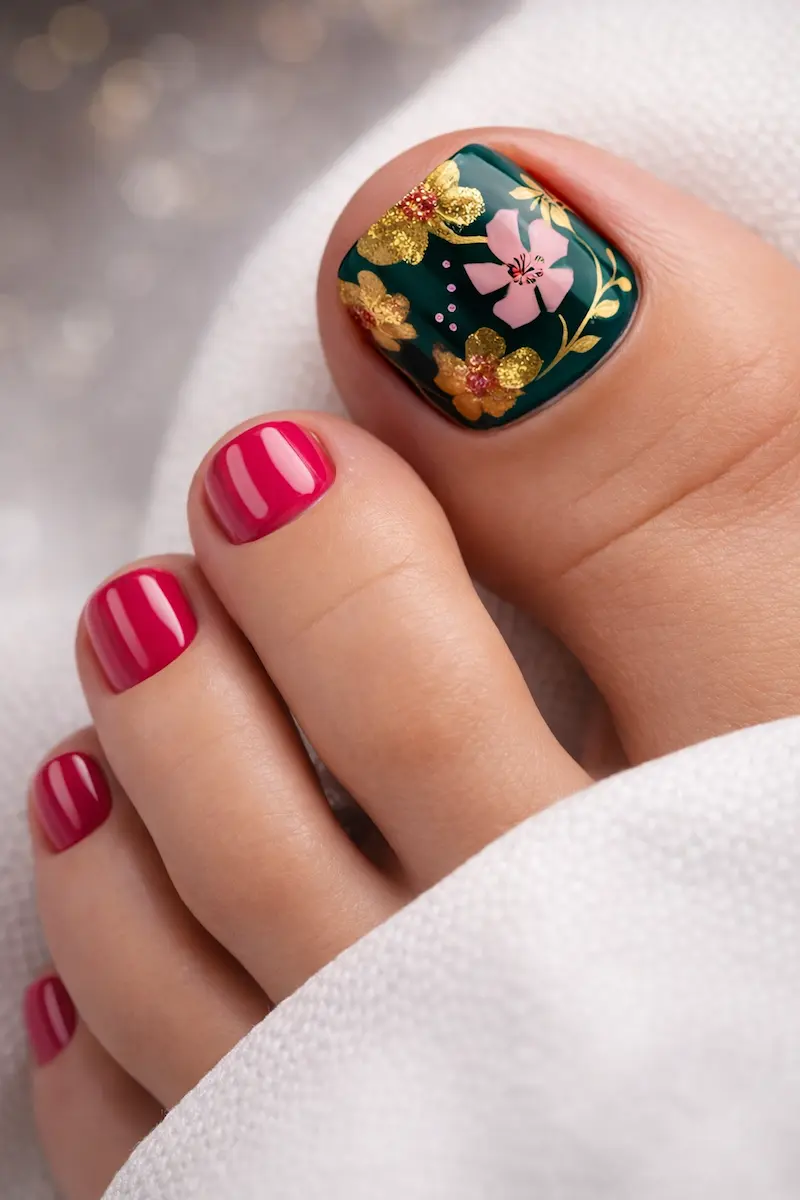 The cutest summer pedicure inspo right here! 🌸✨ Deep green floral big toe + glossy hot pink nails = the perfect coquette combo. Short square press-on toenails that look salon-fresh in seconds — no dry time, no mess, just cute toes all summer long!
