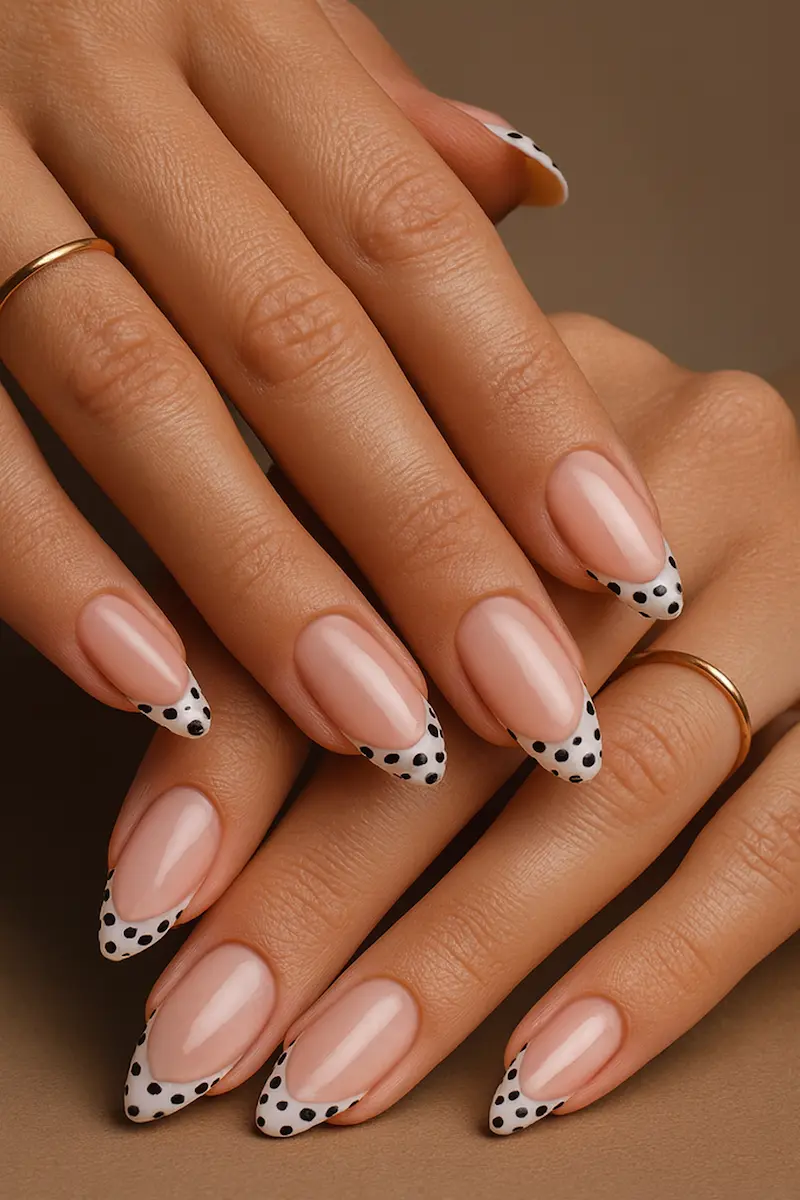 White French tip nails with black polka dots in an almond shape with a glossy finish