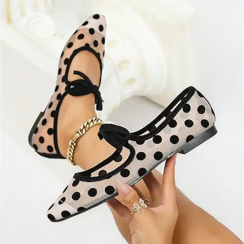 Women's Polka Dot Flats, Mesh Ballet Flats Shoes Bowknot Pointed Toe Flats Closed Toe Comfortable Dress Shoes Women's Polka Dot Flats, Mesh Ballet Flats Shoes Bowknot Pointed Toe Flats Closed Toe Comfortable Dress Shoes