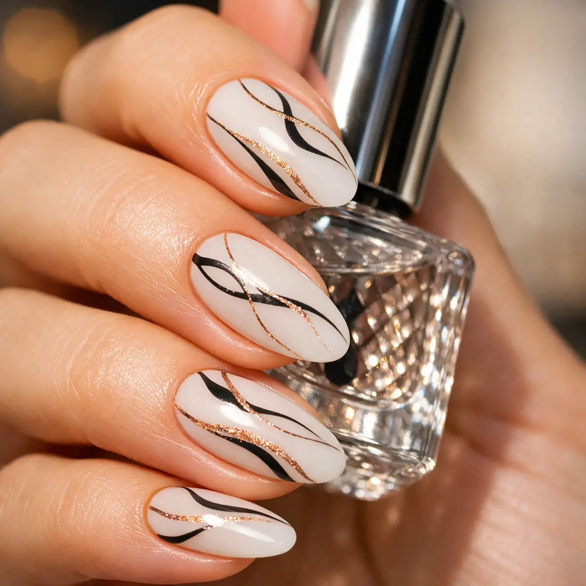 Almond-shaped nails with a milky white base, black swirls, and rose gold glitter accents in a modern, minimalist design.