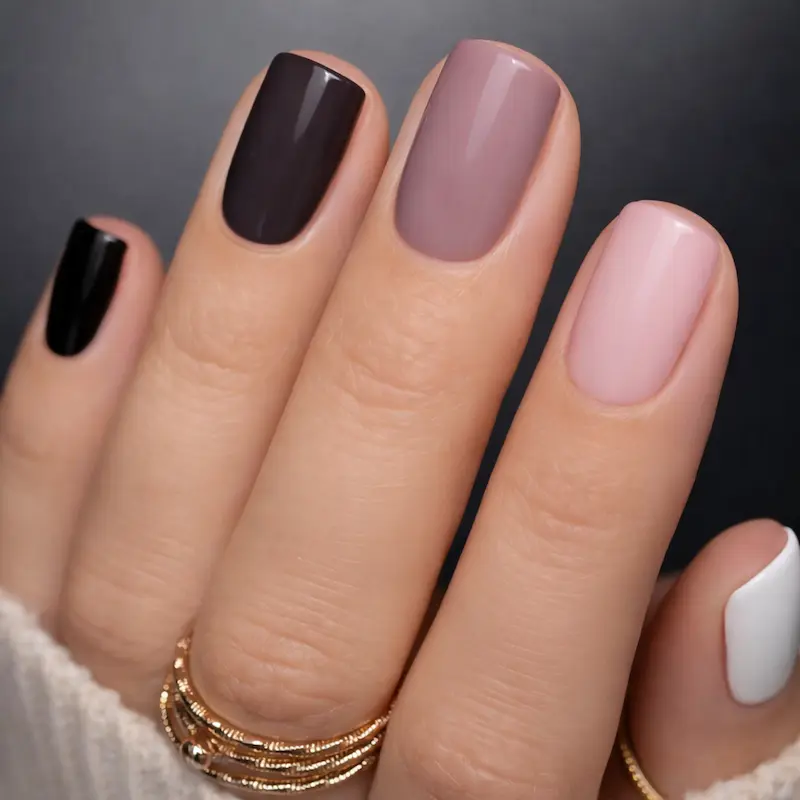 Long lasting different shades of brown nails short with a white accent nail